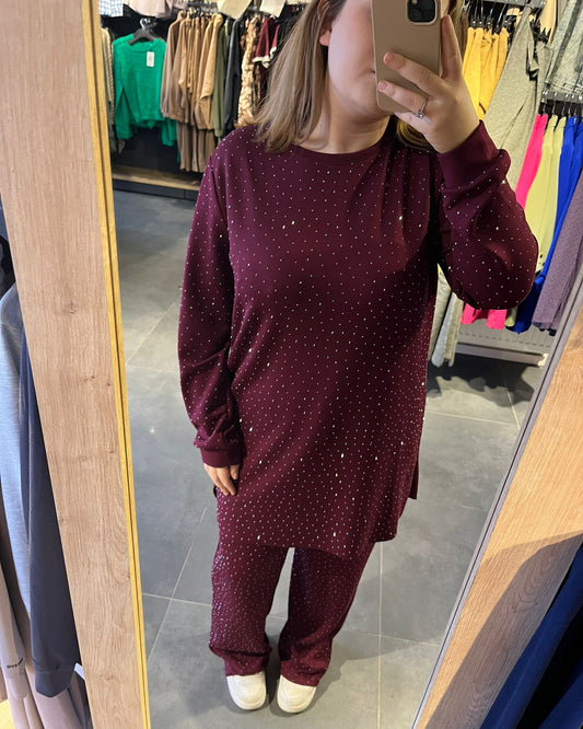 Bordo Taşlı Tunik Modal Takım