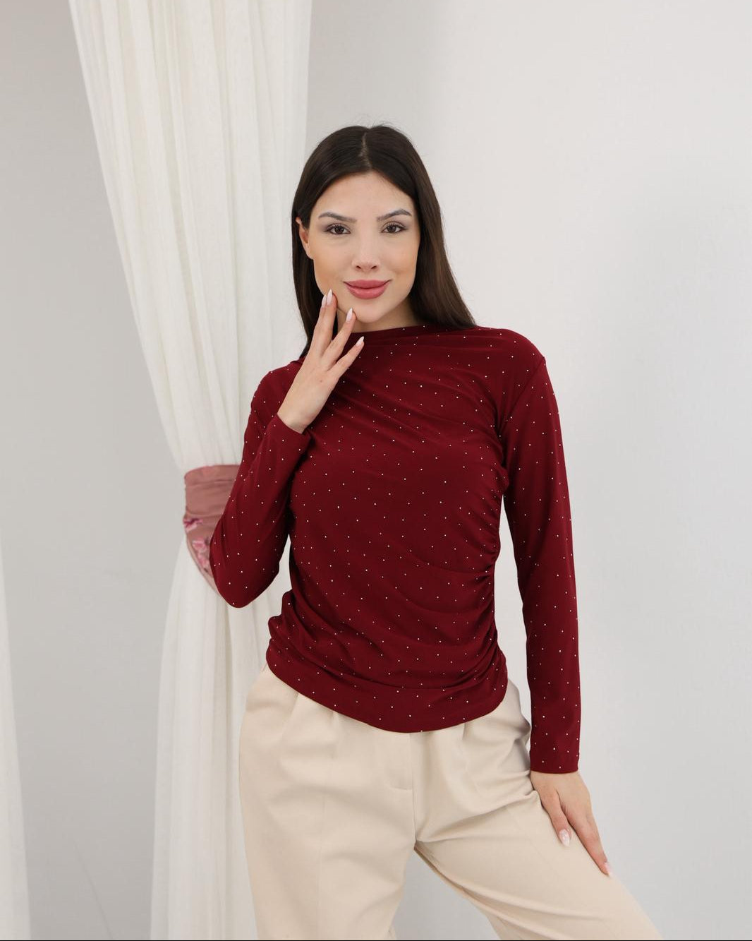 Bordo Sandy Kumaş Uzun Kol Kadın Bluz