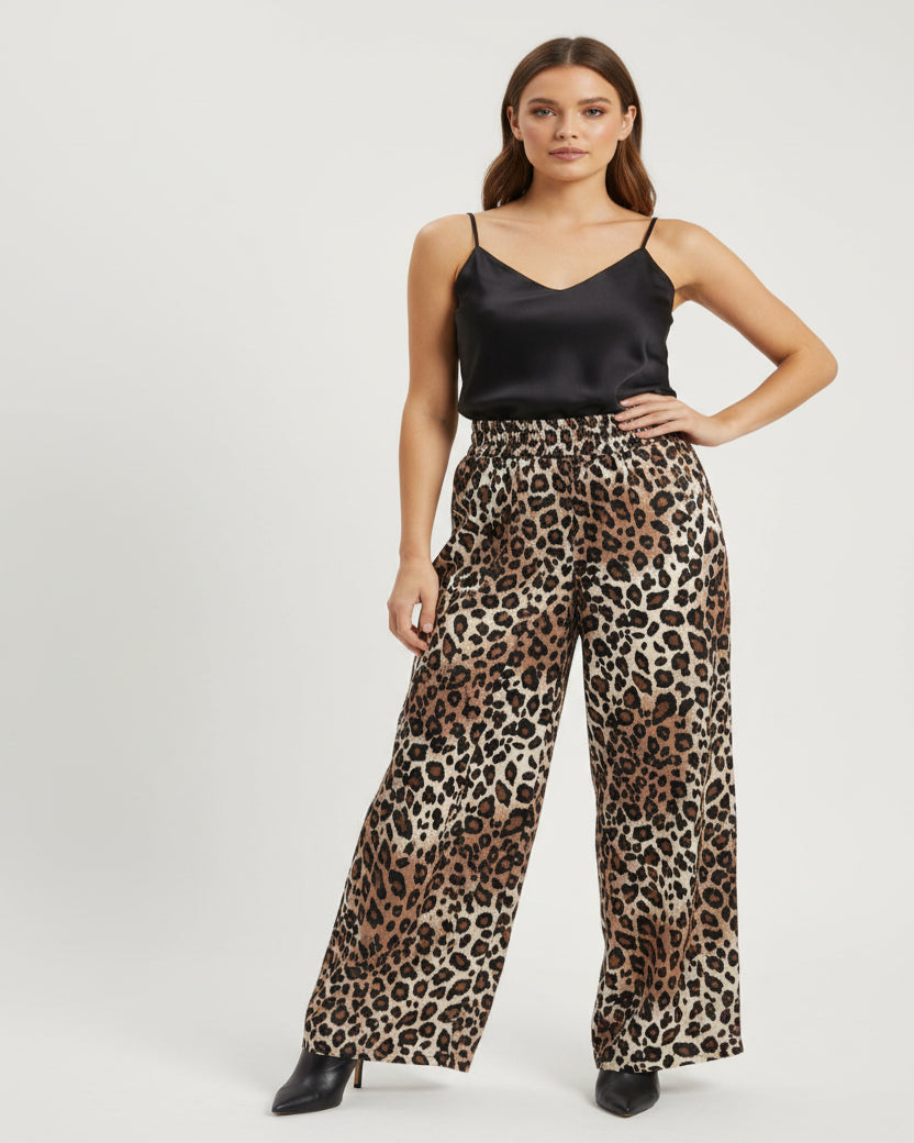 Açık Kahve Leopar Detaylı Saten Kadın Pantolon