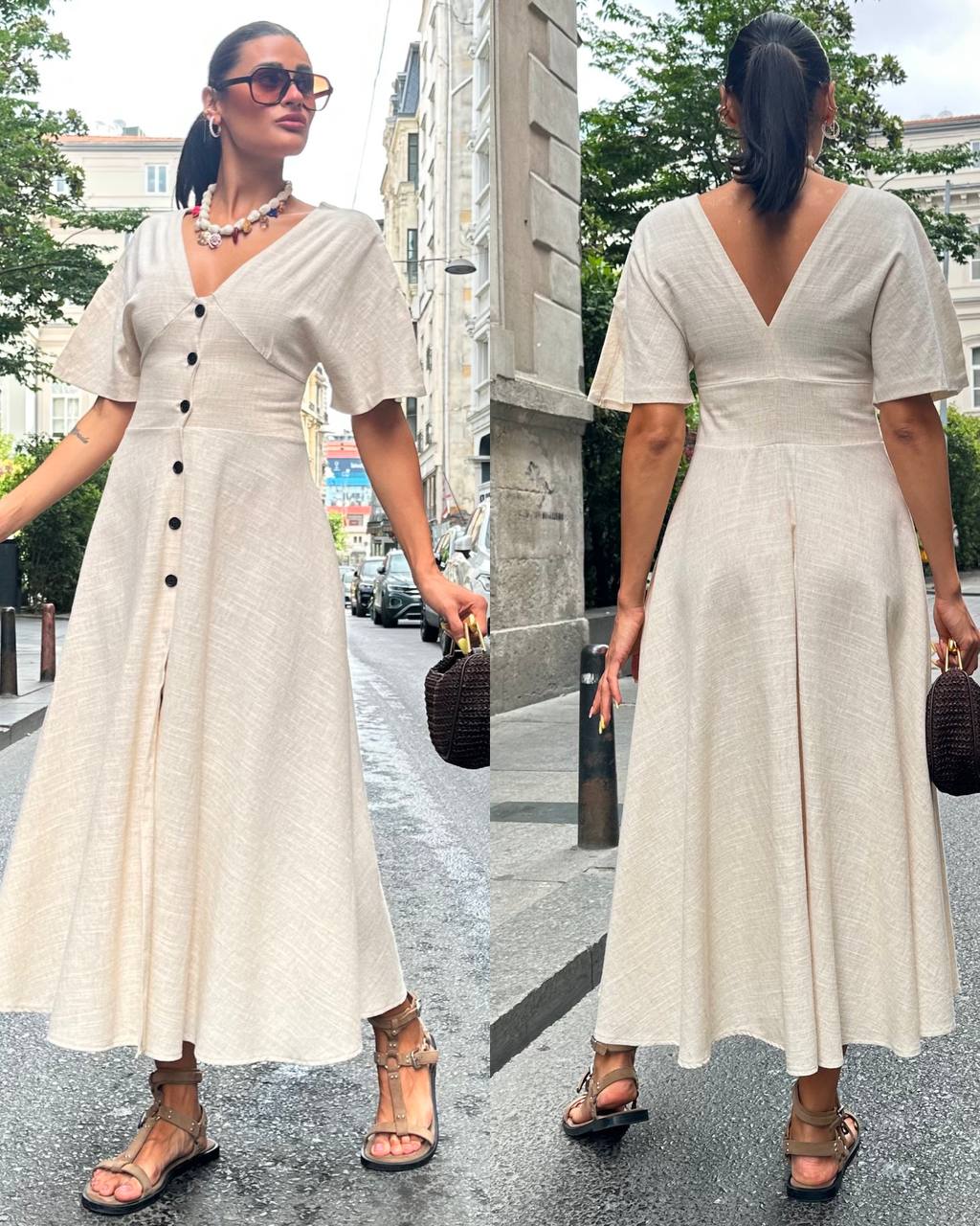 #keten #elbise #bej #yazlıkstil #minimalstil #kadınmoda #şıkkombin #trend #stil #tatilkombini