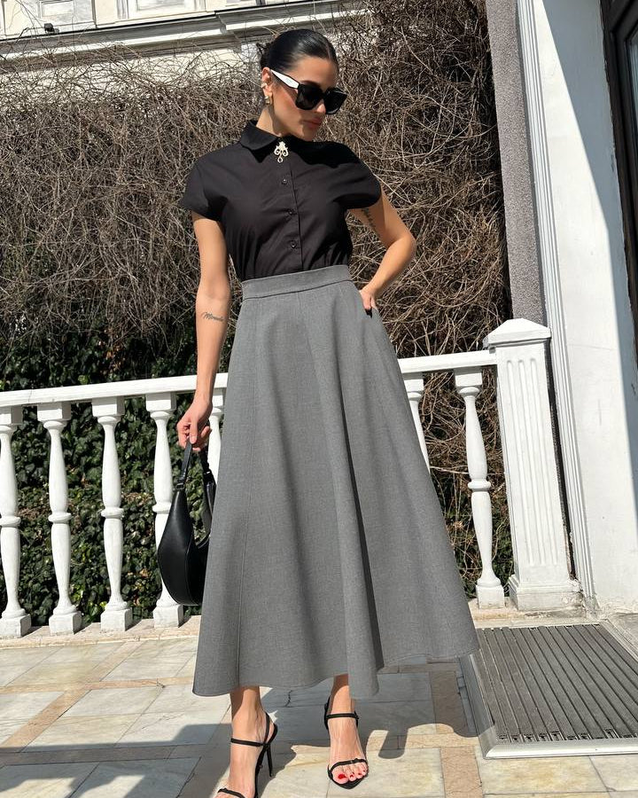 Çift Cep Maxi Boy Poliviscon Etek – Gri