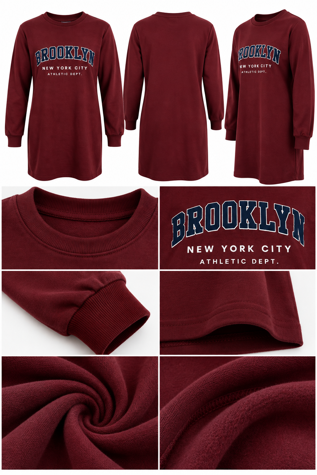Bordo Brooklyn Baskılı Uzun Tunik
