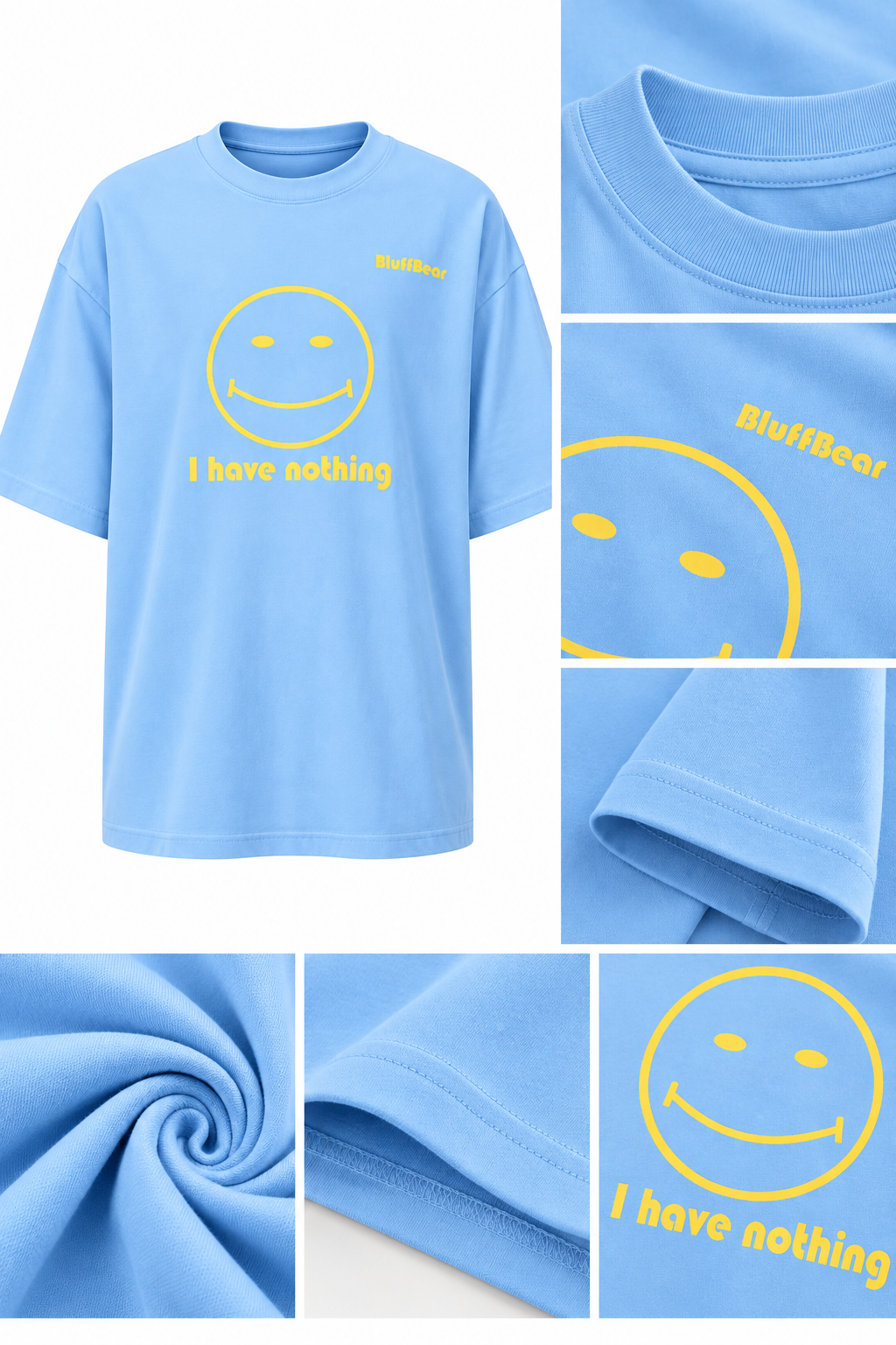 Smiley Baskılı Mavi Oversize Tişört