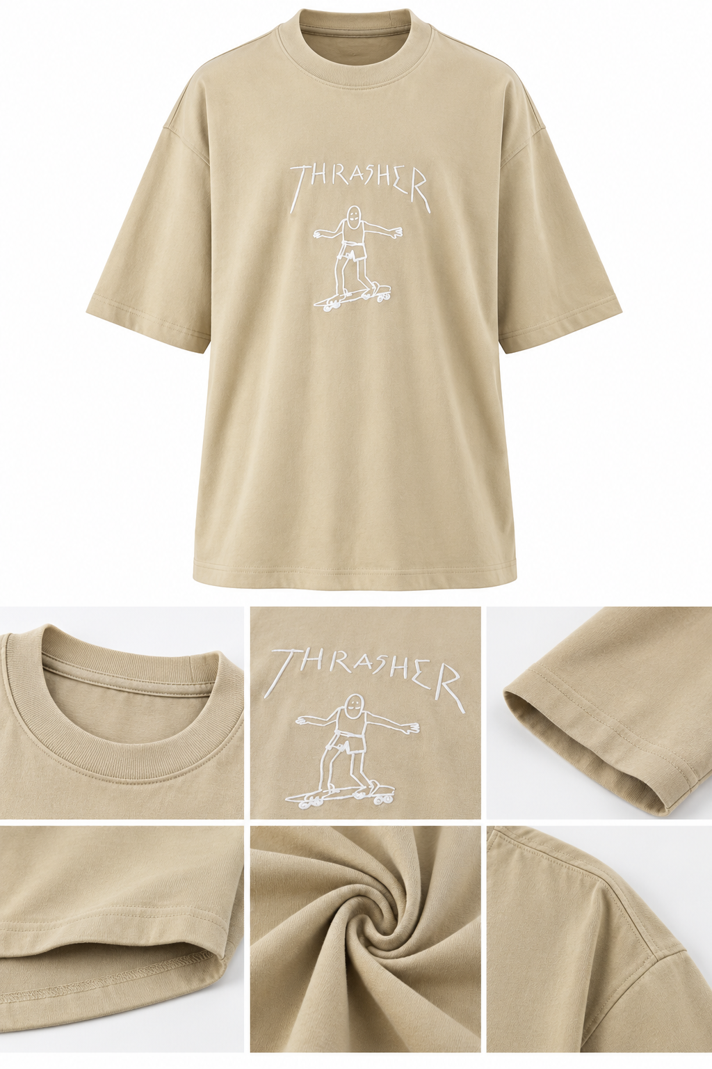 Thrasher Baskılı Bej Oversize Tişört
