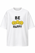 Be Happy Smiley Baskılı Beyaz Oversize Tişört
