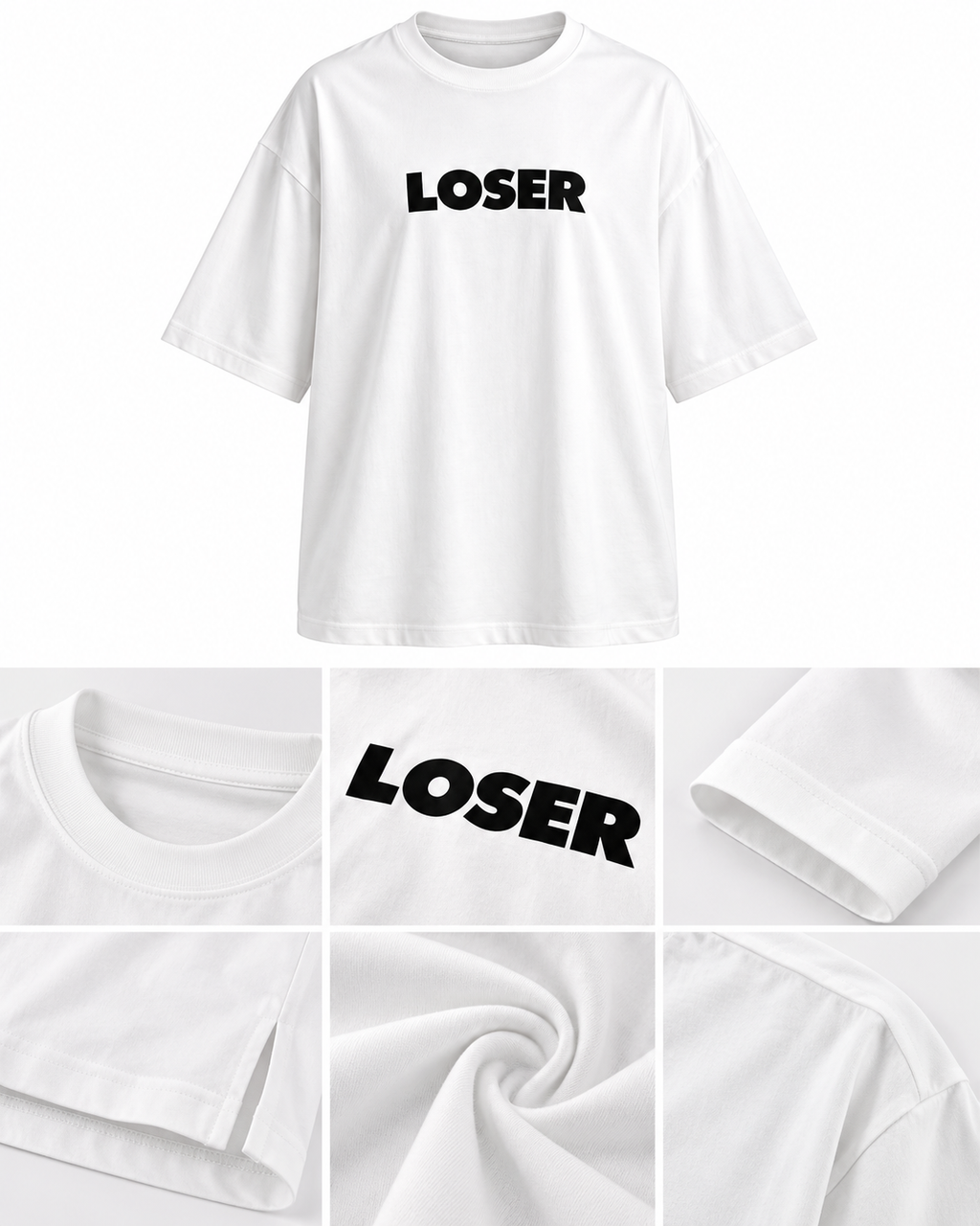 Yüksek Gramajlı Loser Baskılı Beyaz Oversize Tişört