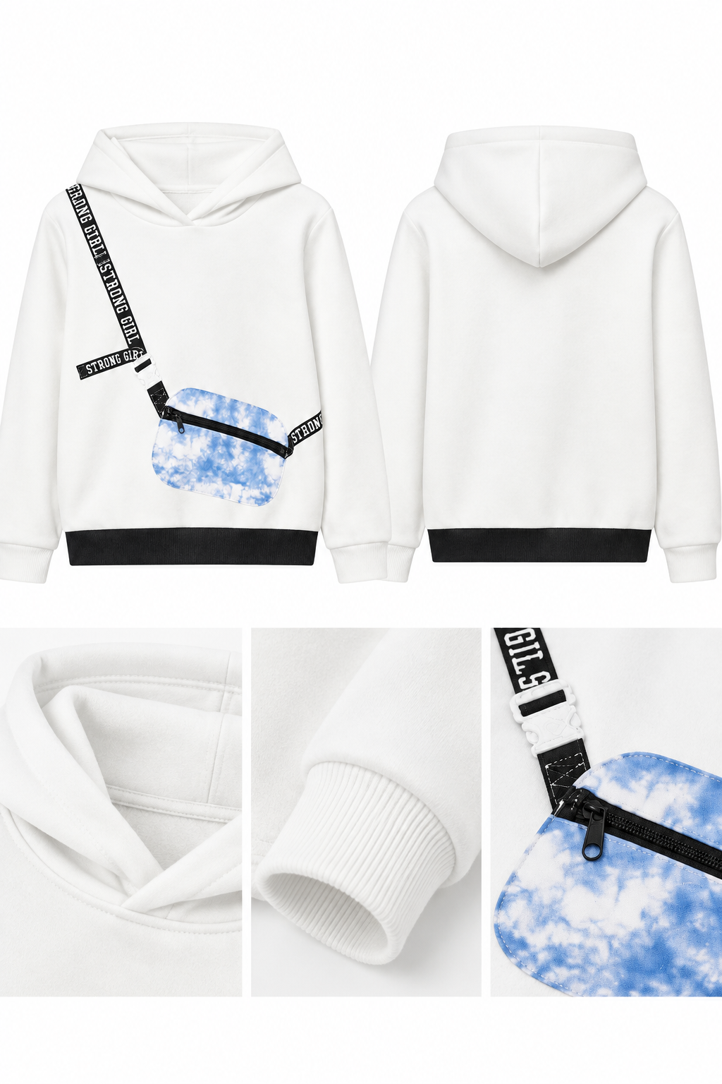 Kız Çocuk Strong Girl Çanta Detaylı Beyaz Kapüşonlu Sweatshirt