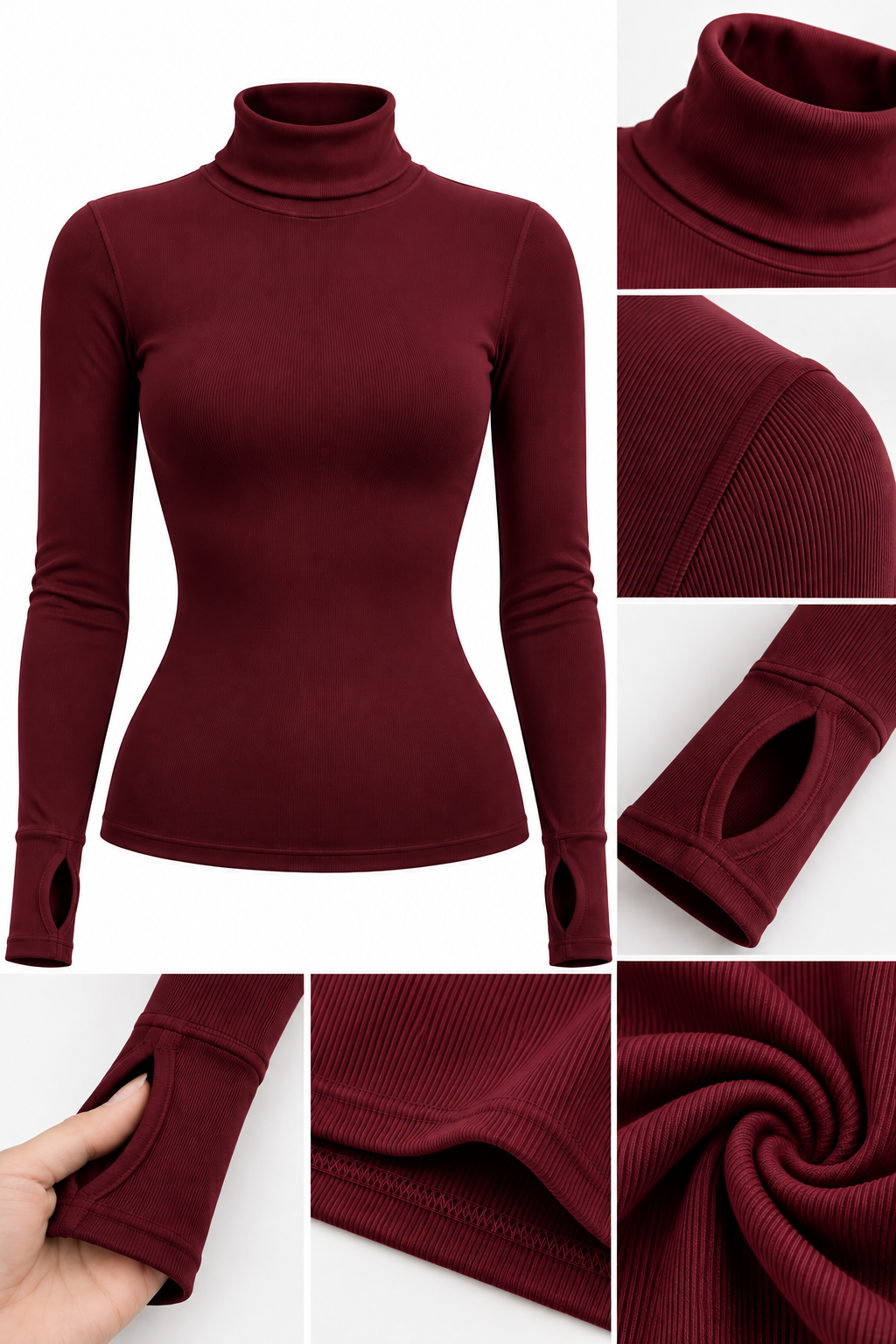 Bordo Balıkçı Yaka Parmak Geçirmeli Kadın Body