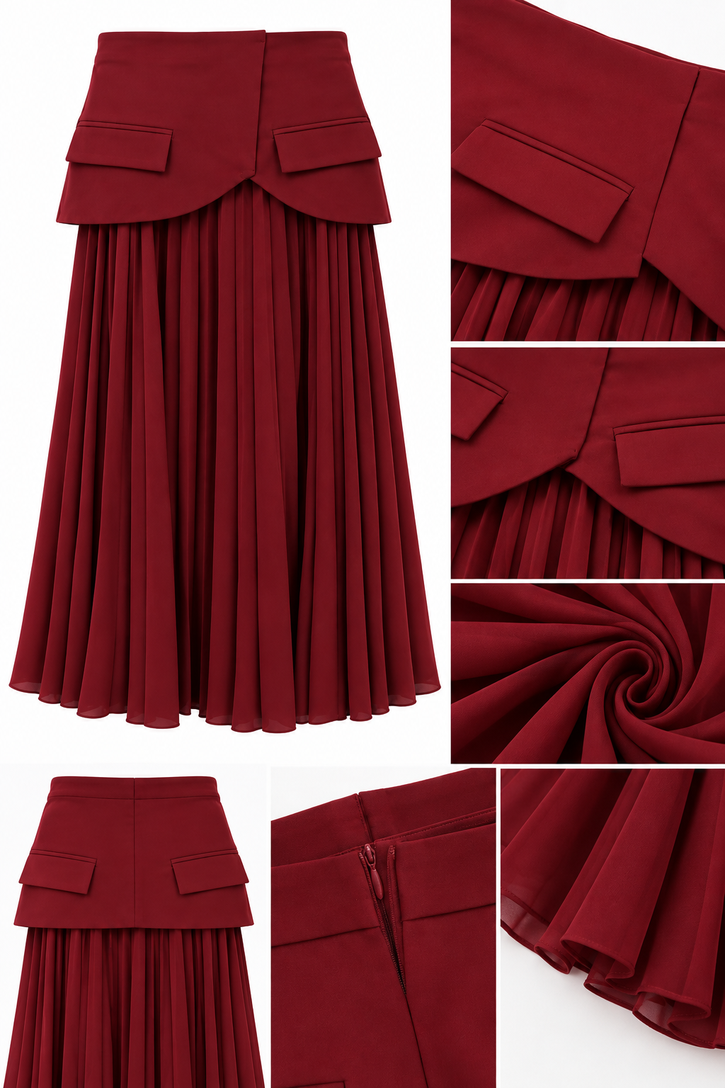 Bordo Blazer Bel Detaylı Piliseli Kadın Etek