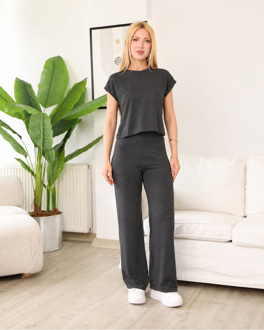 Antrasit Modal Kumaş Oversize Sıfır Kol Kadın İkili Takım