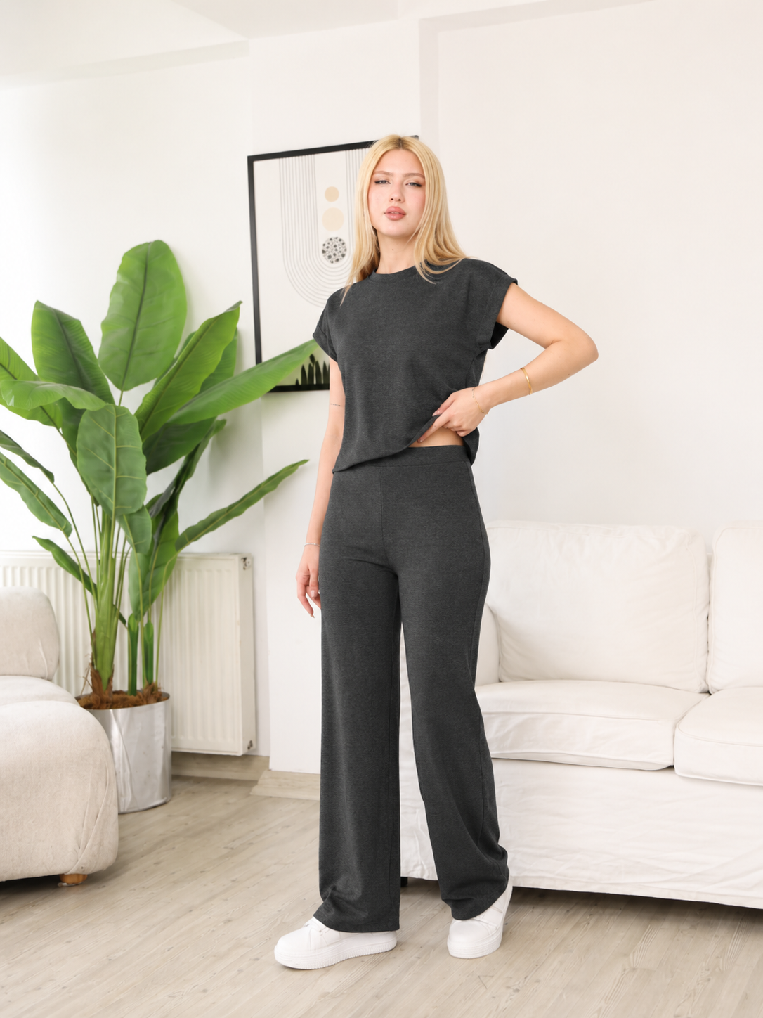 Antrasit Modal Kumaş Oversize Sıfır Kol Kadın İkili Takım
