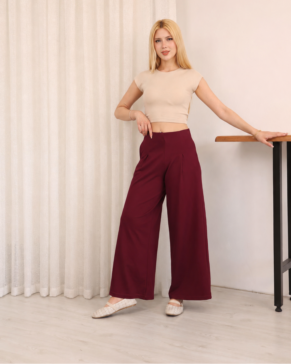 Bordo Modal Kumaş Pileli Kadın Pantolon