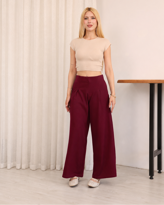 Bordo Modal Kumaş Pileli Kadın Pantolon
