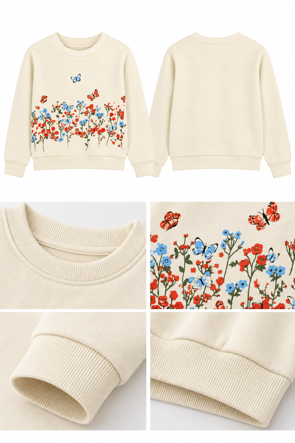 Kız Çocuk Çiçek ve Kelebek Baskılı Sarı Sweatshirt