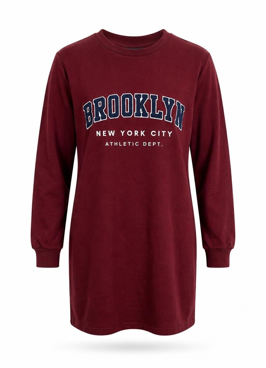 Bordo Brooklyn Baskılı Uzun Tunik