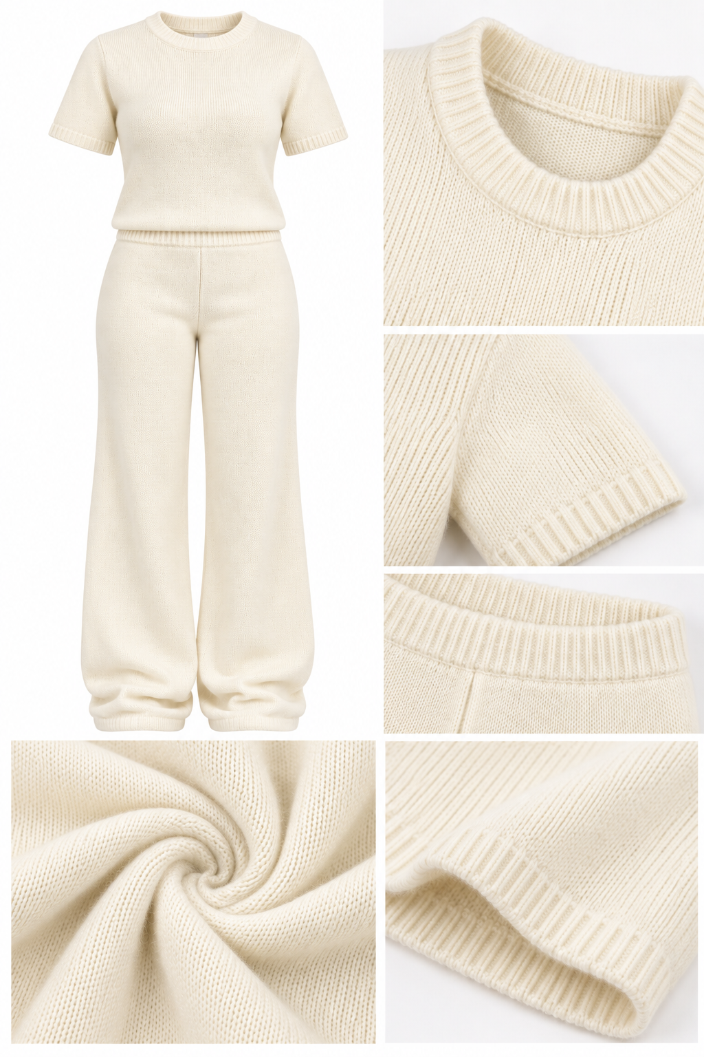 Ecru Short Sleeve Women's Two-Piece Knit Set
