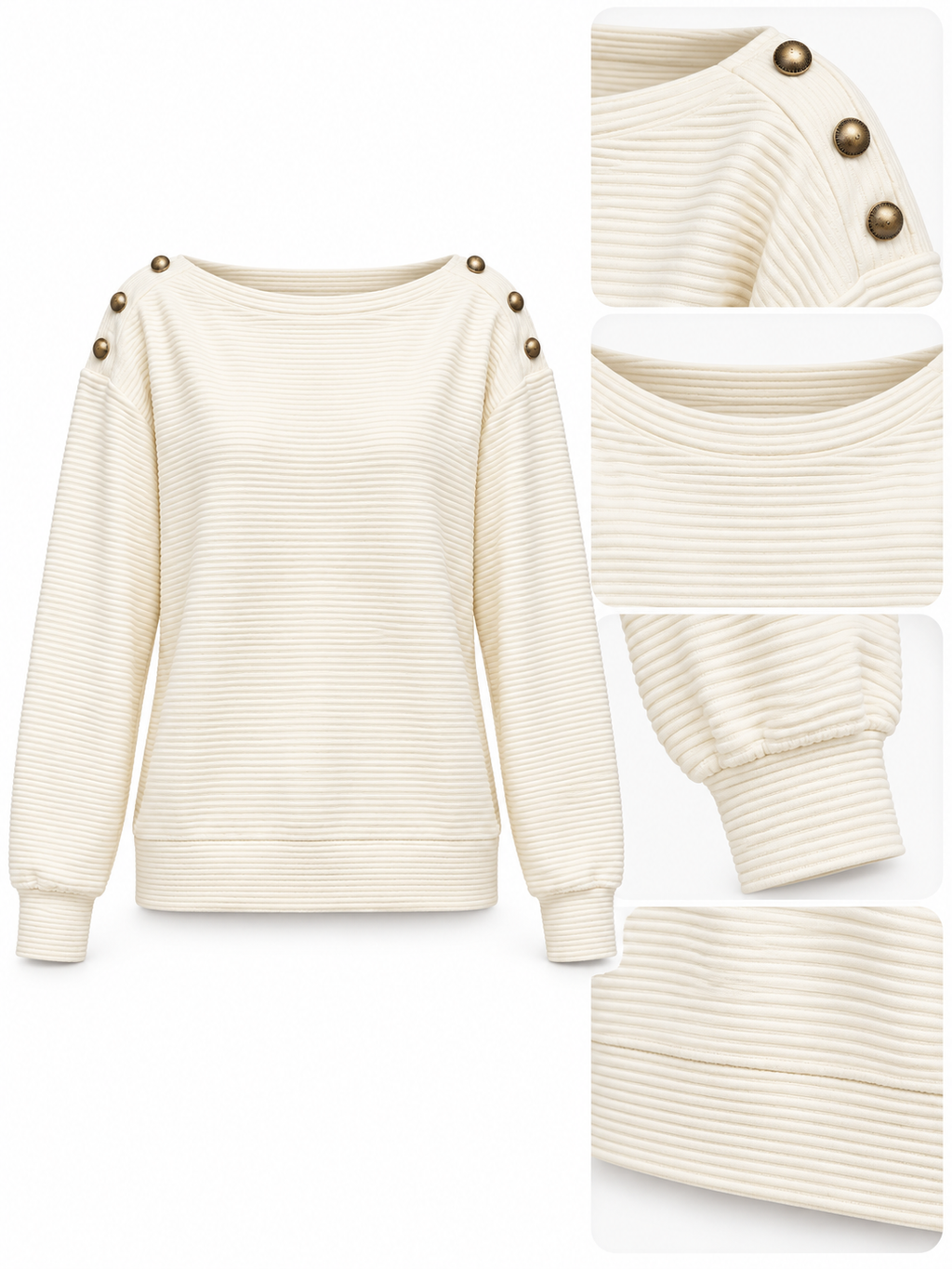 Ekru Omuzları Düğme Detaylı Fitilli Sweatshirt