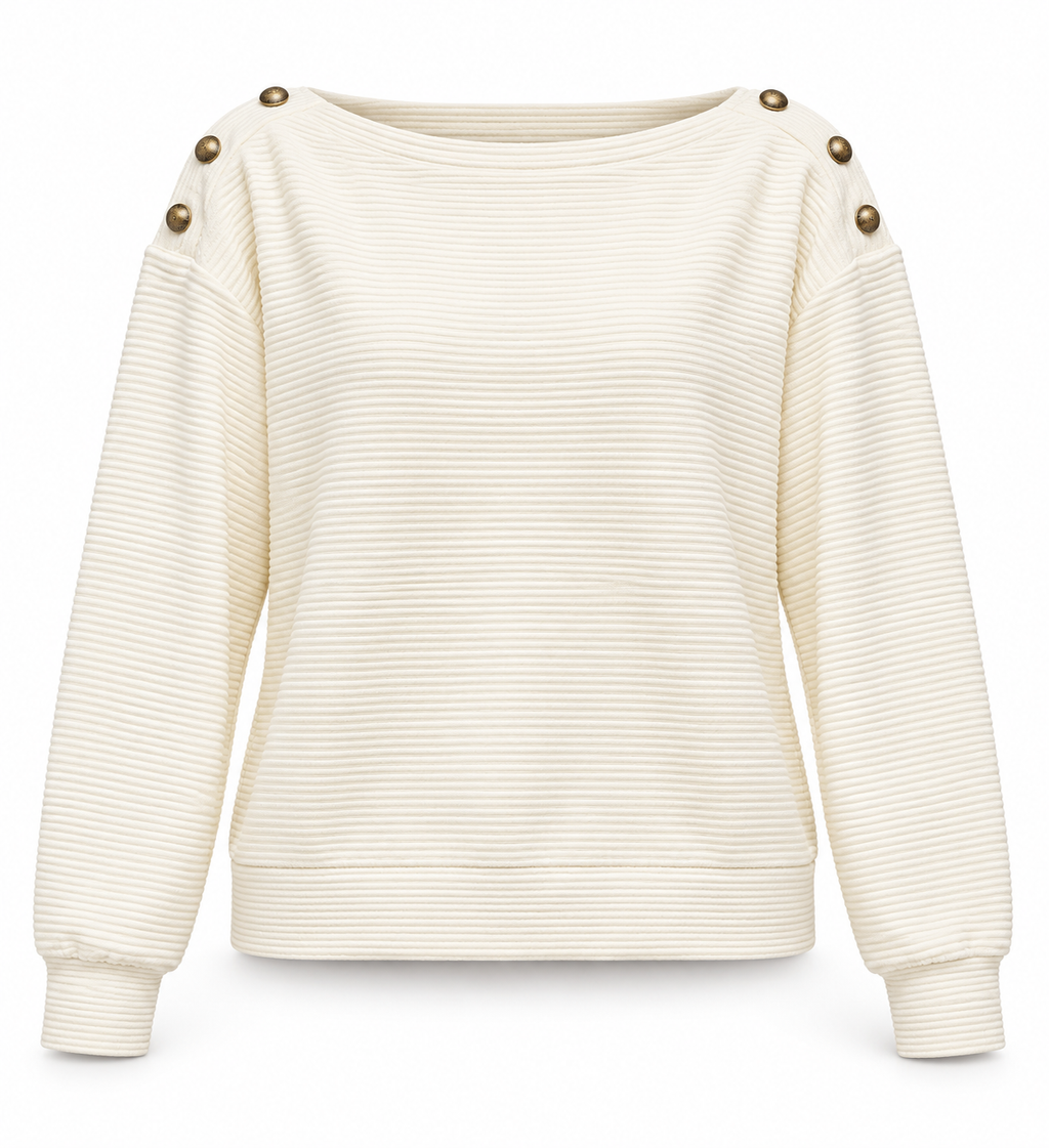 Ekru Omuzları Düğme Detaylı Fitilli Sweatshirt