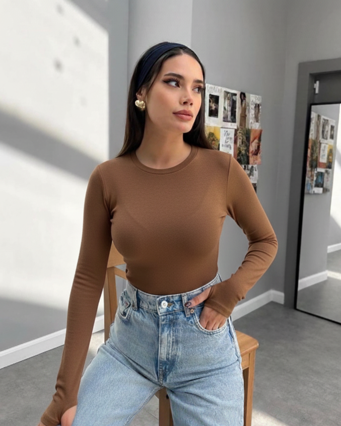 Women's Brown Finger-Loop Turtleneck Bodysuit,