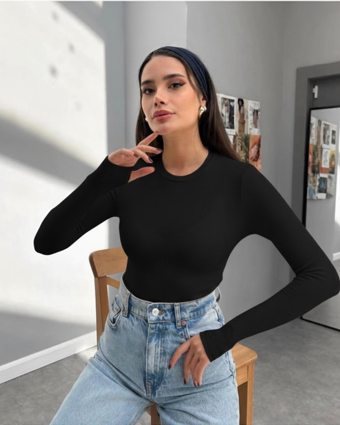 Black Finger-Loop High-Neck Women's Bodysuit