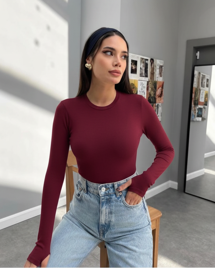 Burgundy Loop-Through Crew Neck Women's Bodysuit