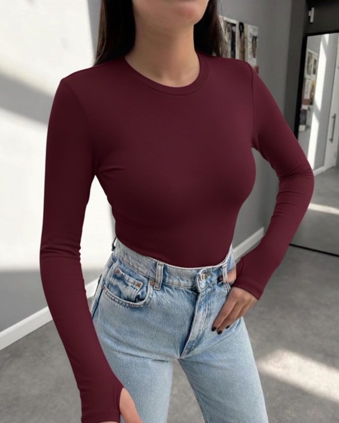 Burgundy Loop-Through Crew Neck Women's Bodysuit