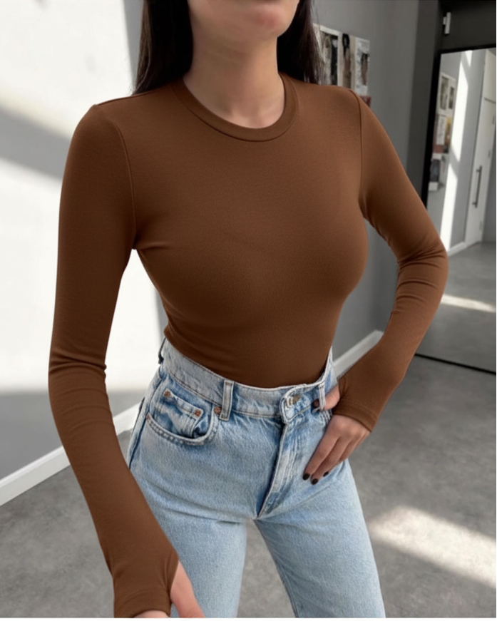 Kahverengi Parmak Geçirmeli Bisiklet Yaka Kadın Body,