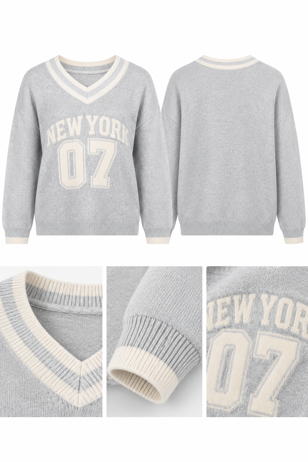 Kız Çocuk New York 07 Baskılı Gri V Yaka Kazak
