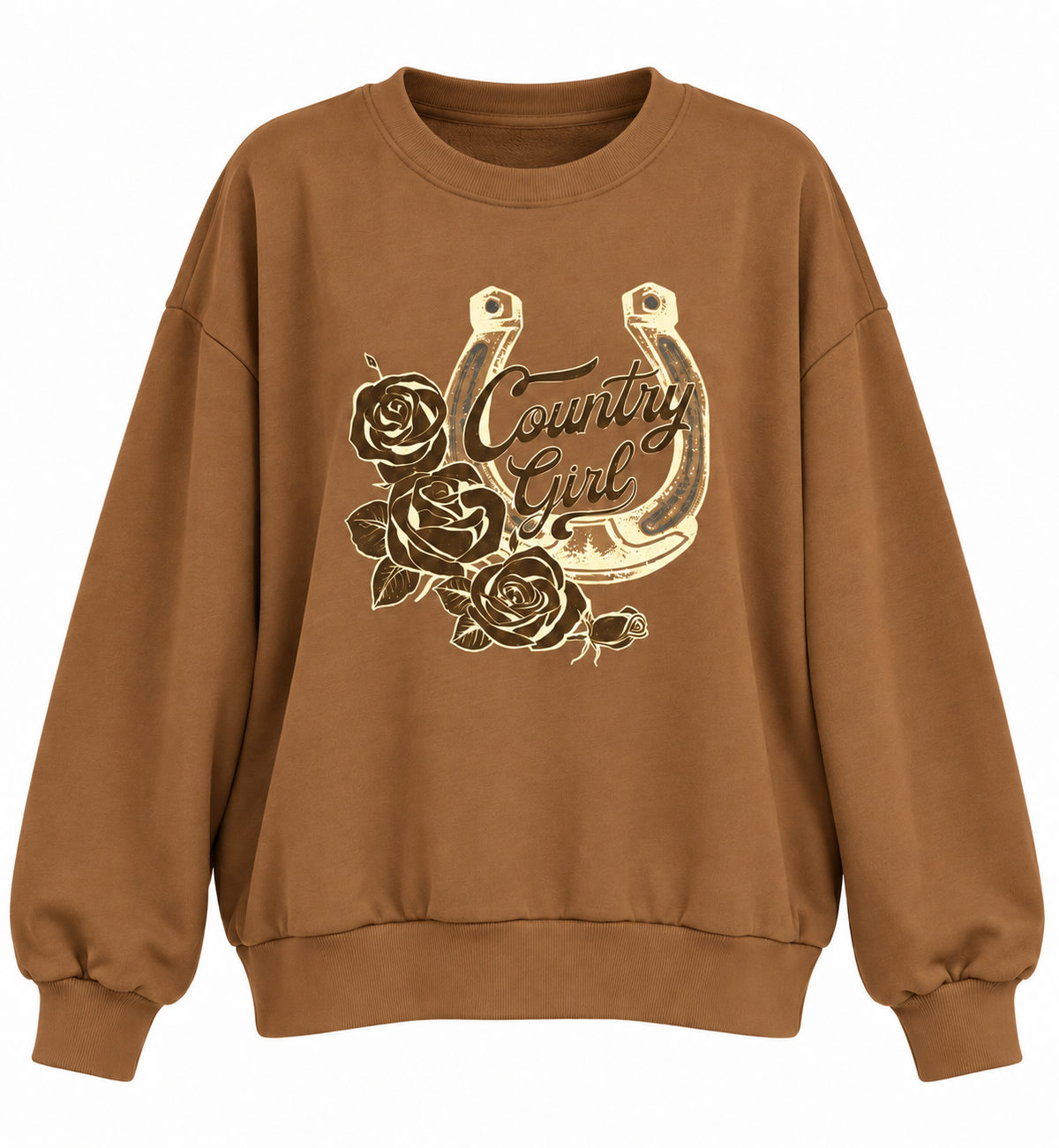 Country Girl Gül ve Nal Baskılı Kahverengi Kadın Sweatshirt
