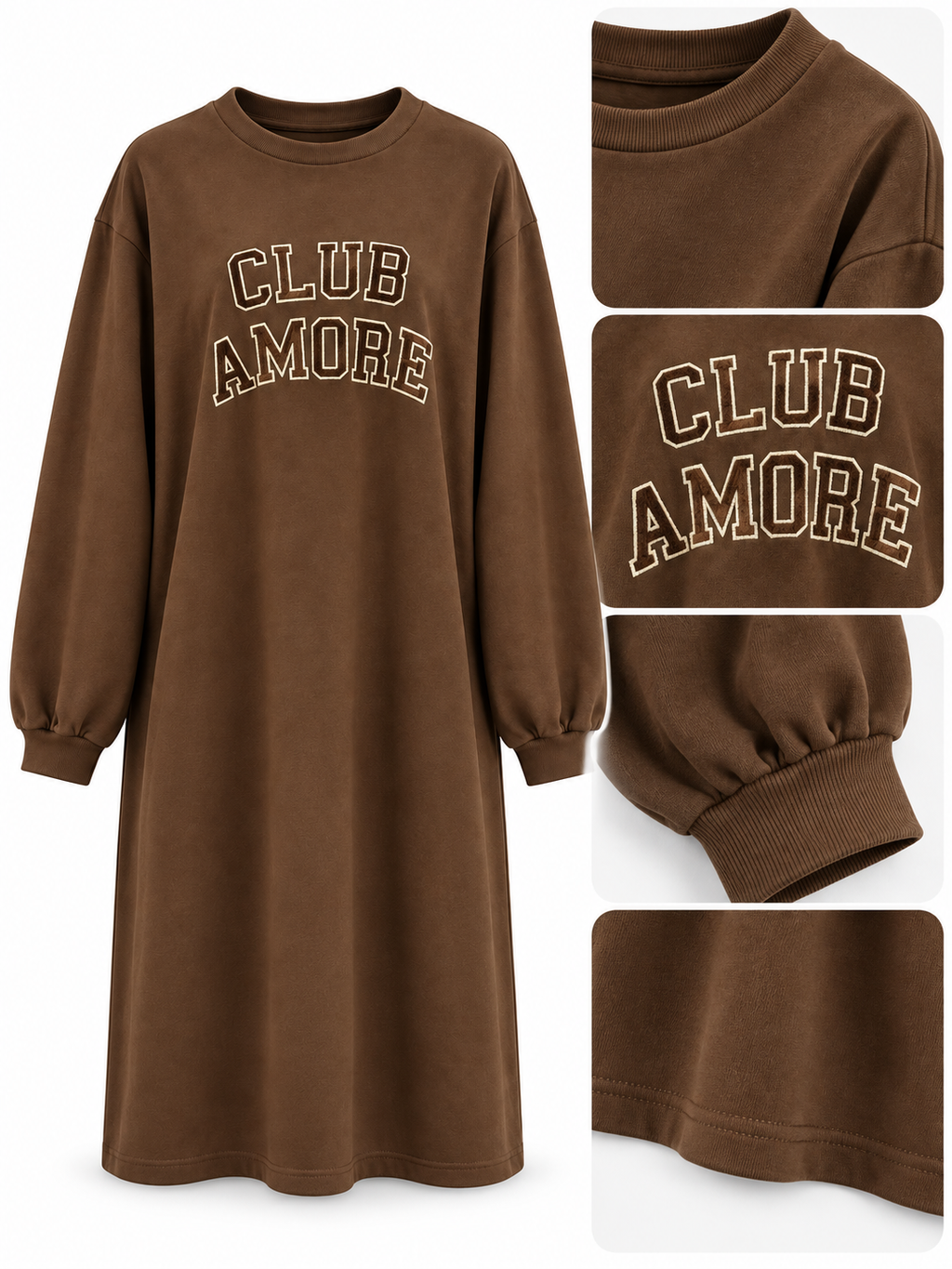 Kahverengi Club Amore Nakış Detaylı Uzun Tunik Sweatshirt