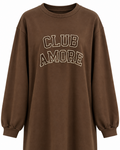 Kahverengi Club Amore Nakış Detaylı Uzun Tunik Sweatshirt