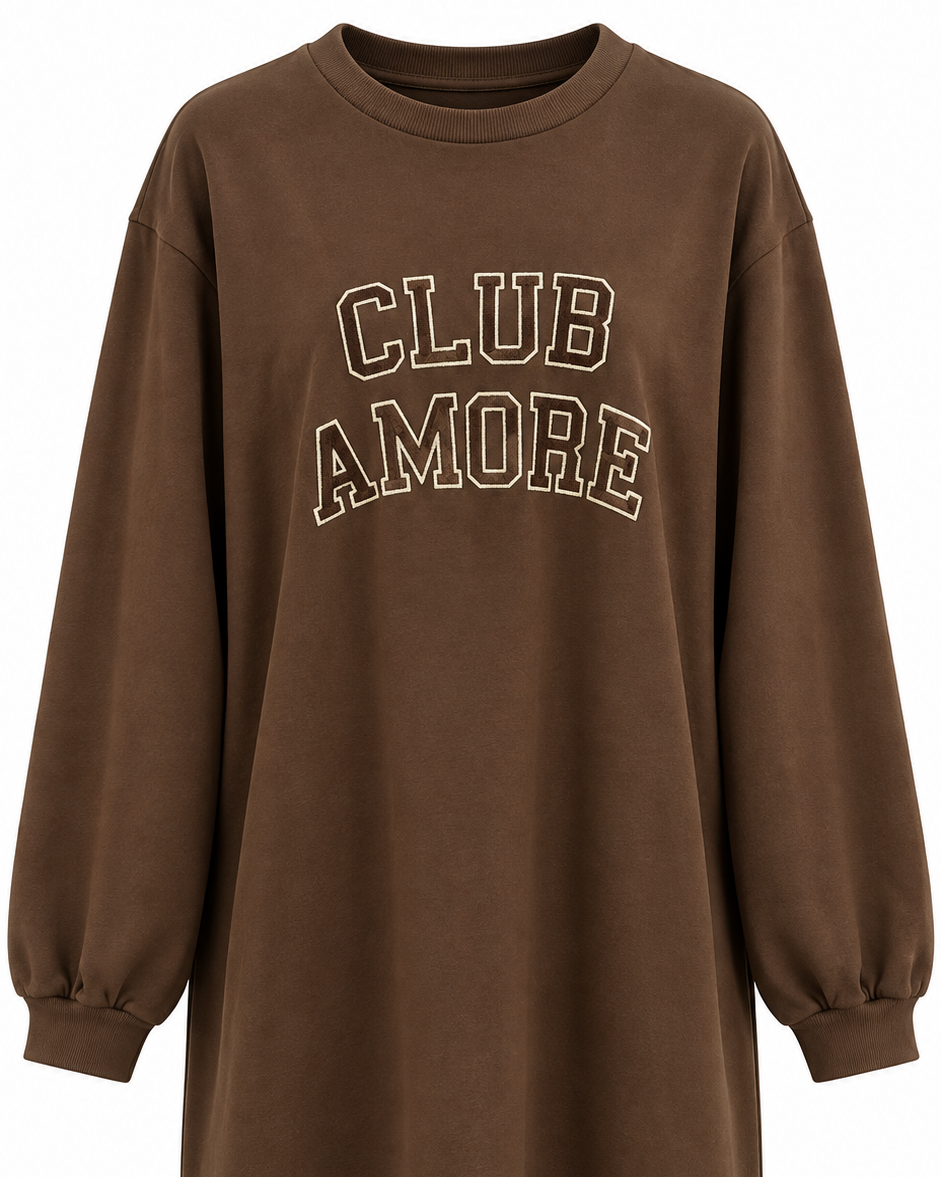 Kahverengi Club Amore Nakış Detaylı Uzun Tunik Sweatshirt