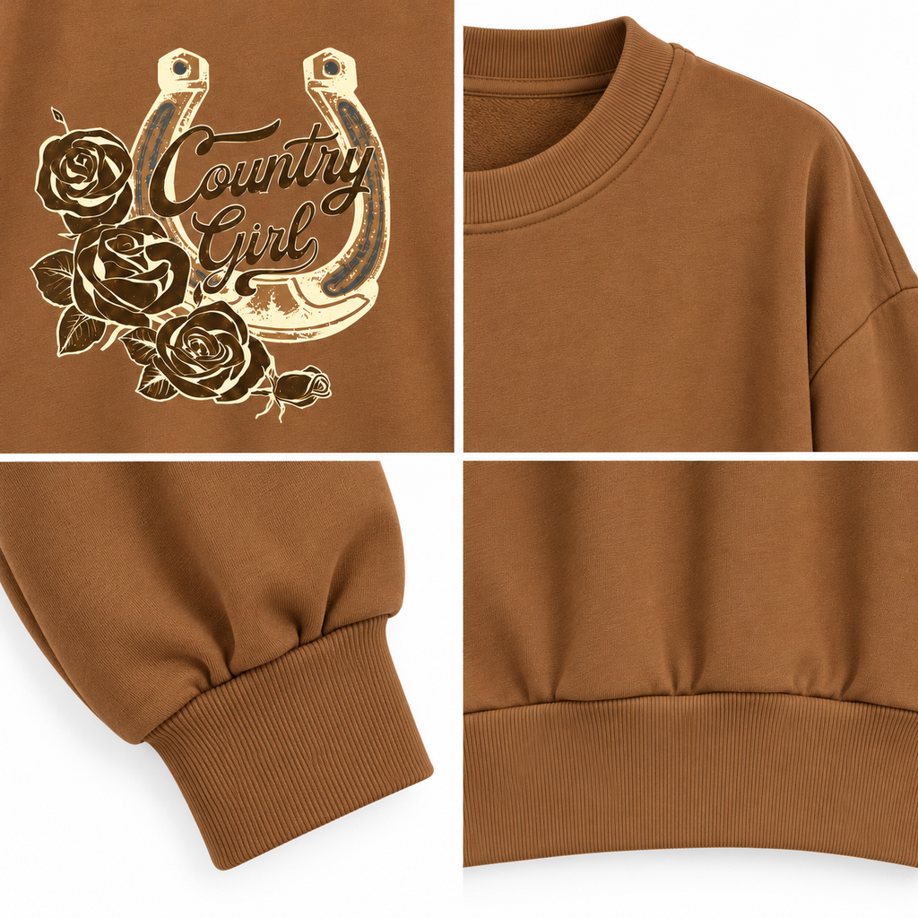 Country Girl Gül ve Nal Baskılı Kahverengi Kadın Sweatshirt