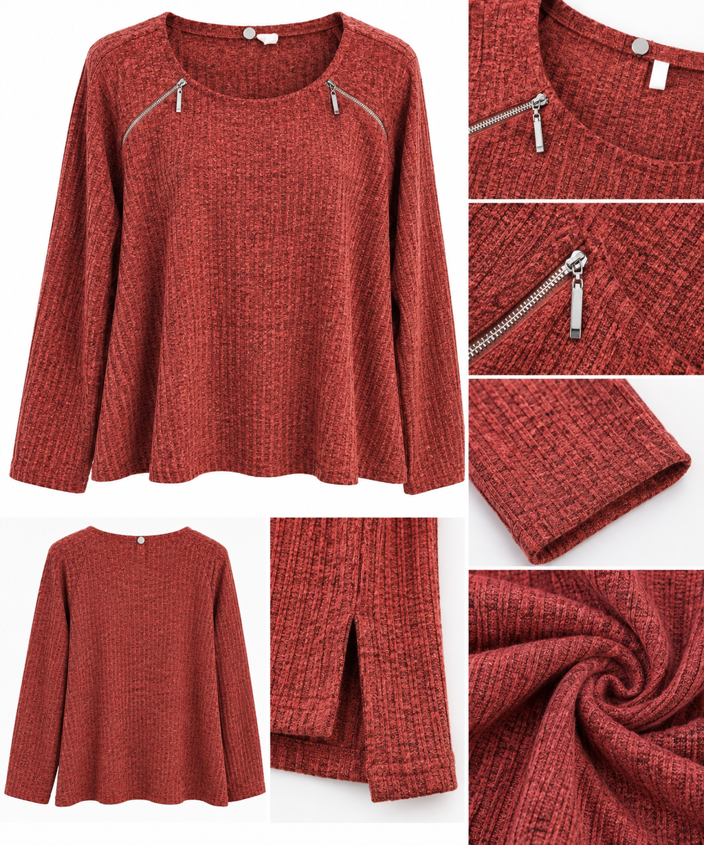 Fermuar Detaylı Kırmızı Büyük Beden Kadın Bluz