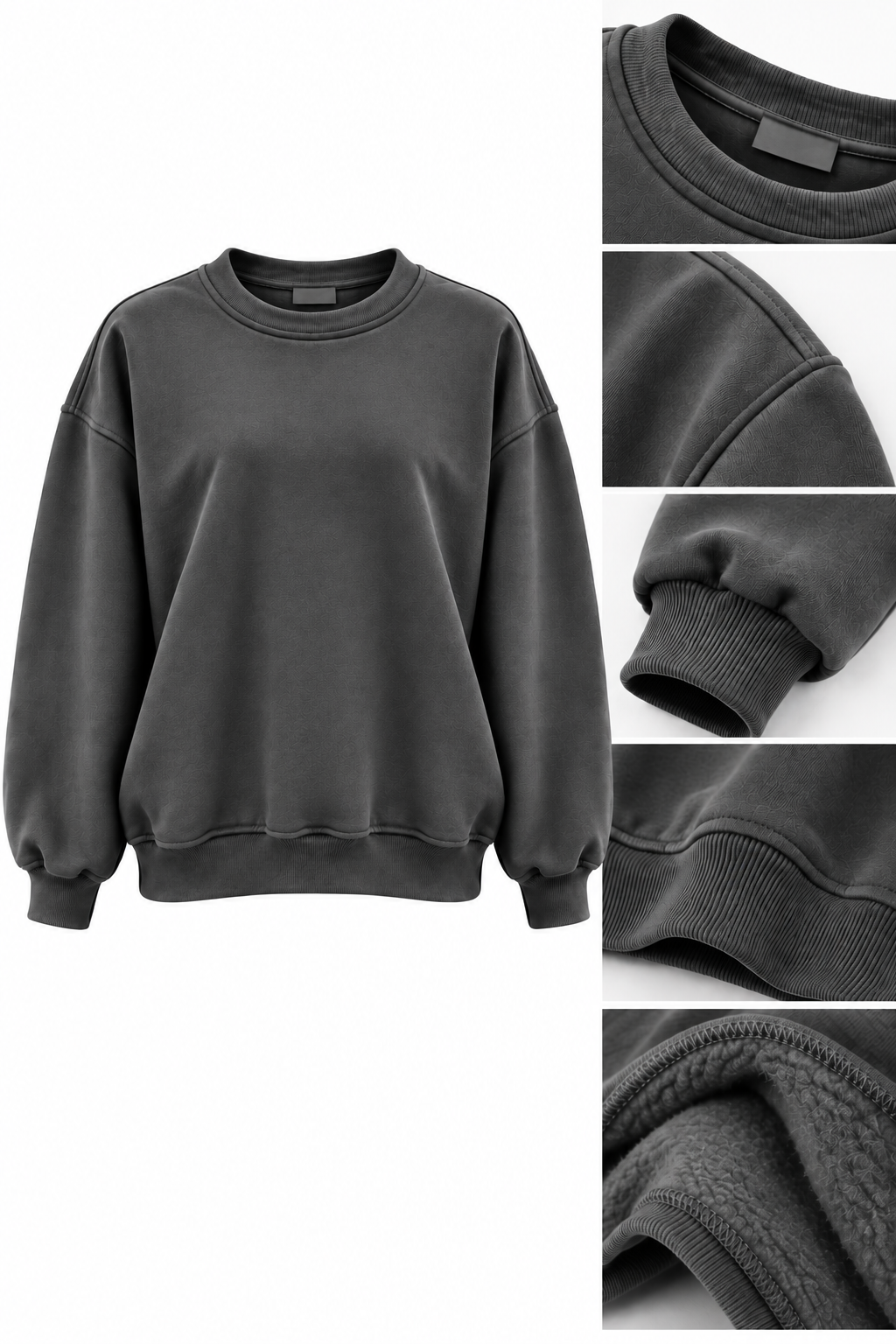 Antrasit Gri 3 İplik Şardonlu Bisiklet Yaka Kadın Sweatshirt