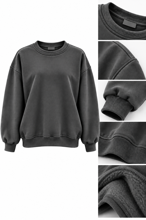 Antrasit Gri 3 İplik Şardonlu Bisiklet Yaka Kadın Sweatshirt