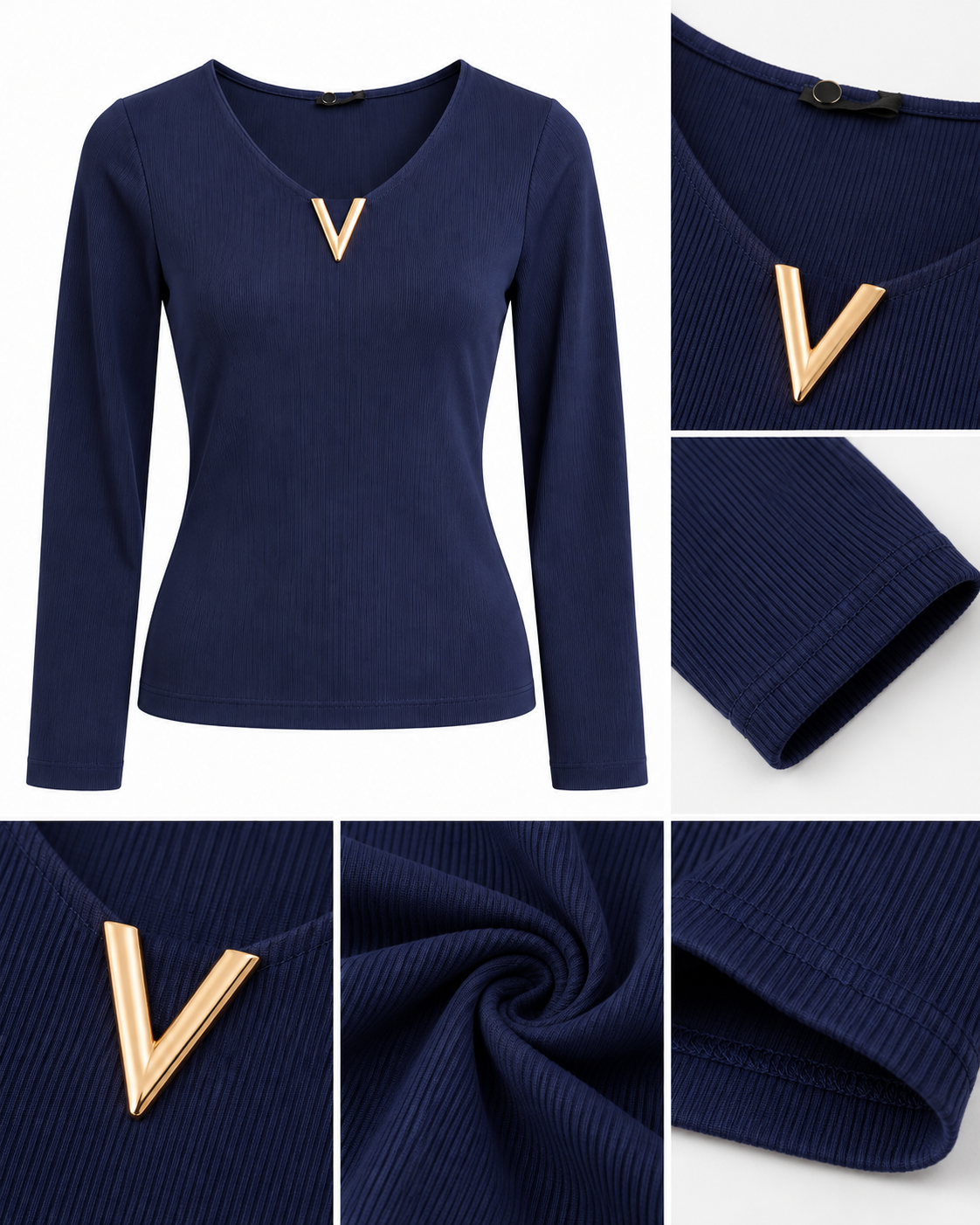 Lacivert Gold V Detaylı Fitilli Kadın Bluz