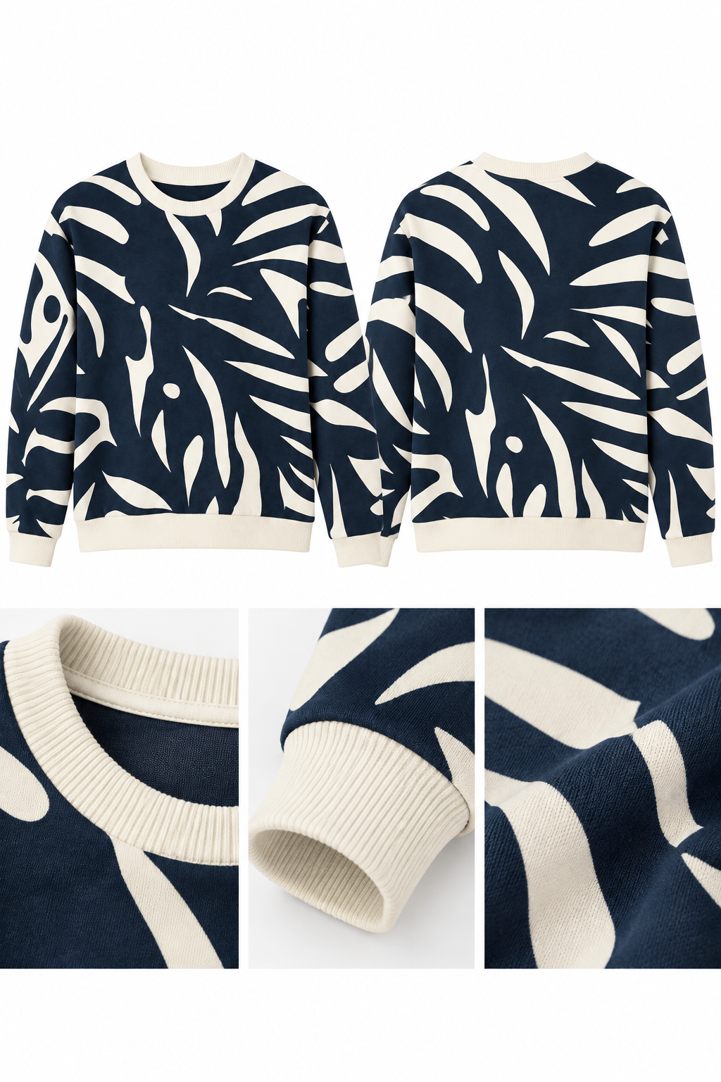 Çocuk Lacivert Ekru Desenli Bisiklet Yaka Sweatshirt