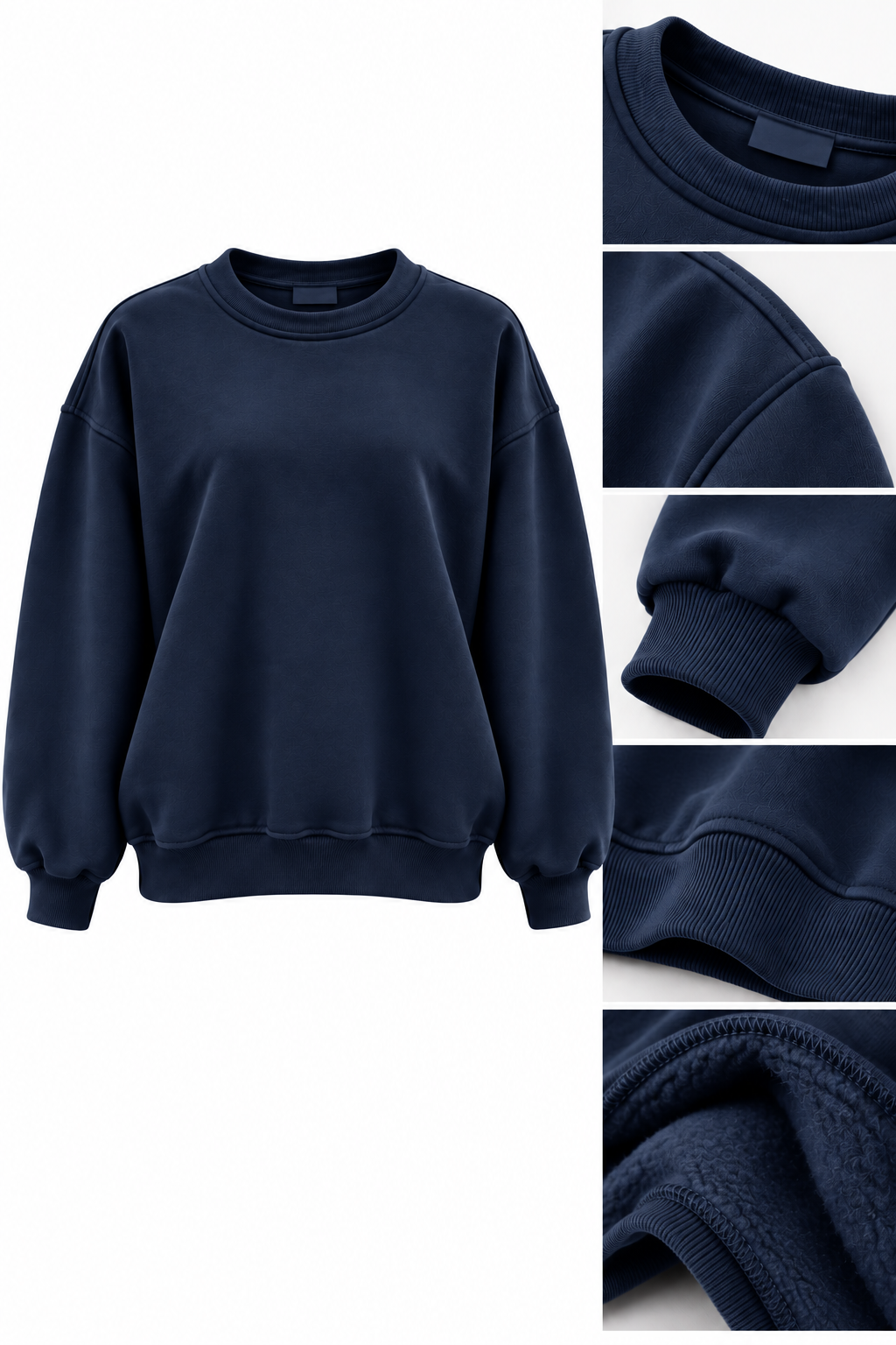 Lacivert 3 İplik Şardonlu Bisiklet Yaka Kadın Sweatshirt