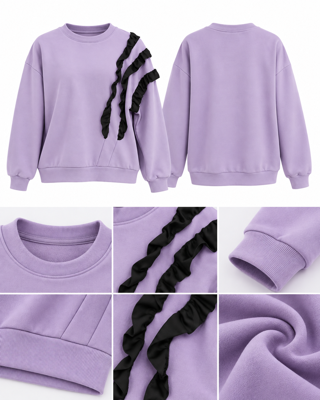 Lila Siyah Fırfır Detaylı Kadın Sweatshirt