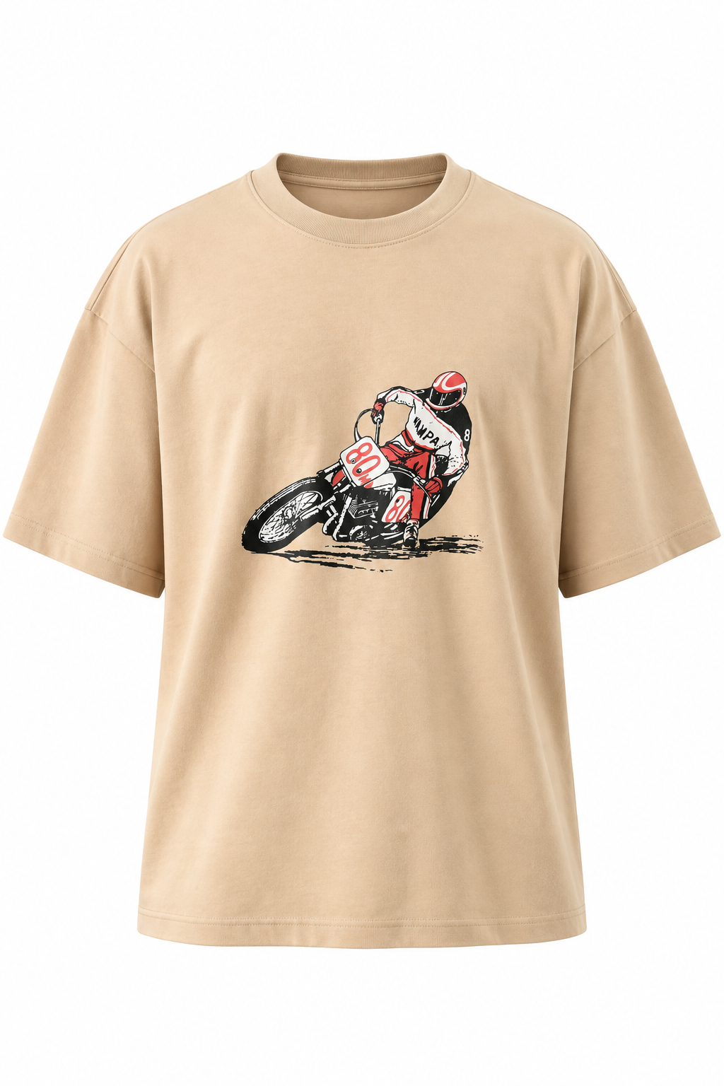 Motor Baskılı Bej Oversize Tişört