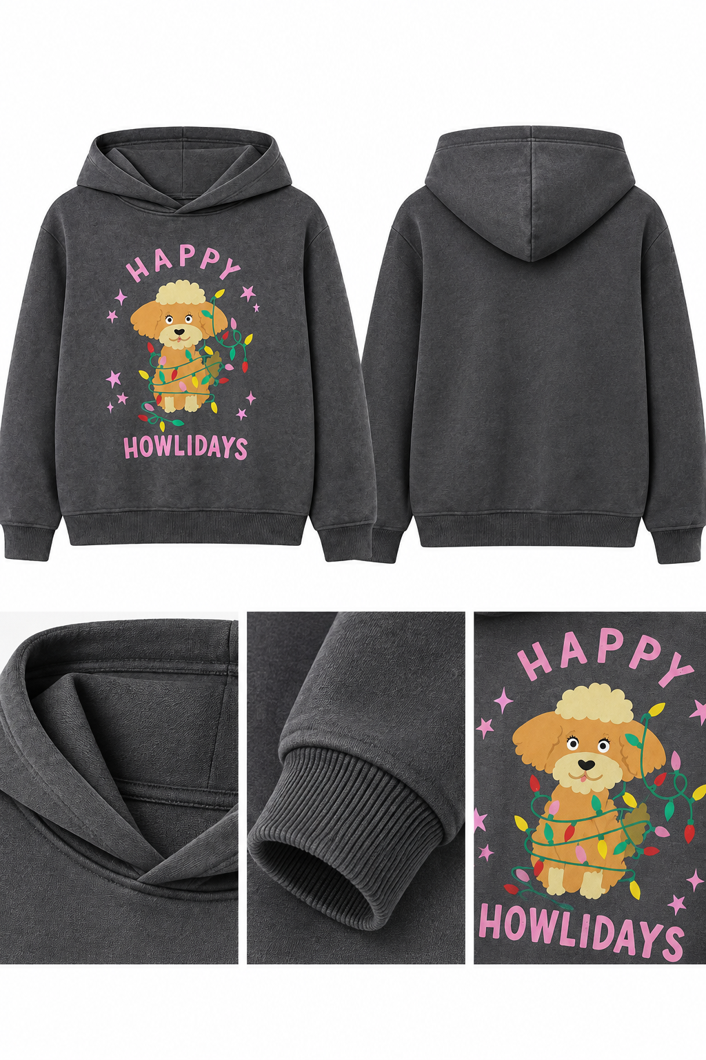 Kız Çocuk Happy Howlidays Köpek Baskılı Antrasit Kapüşonlu Sweatshirt