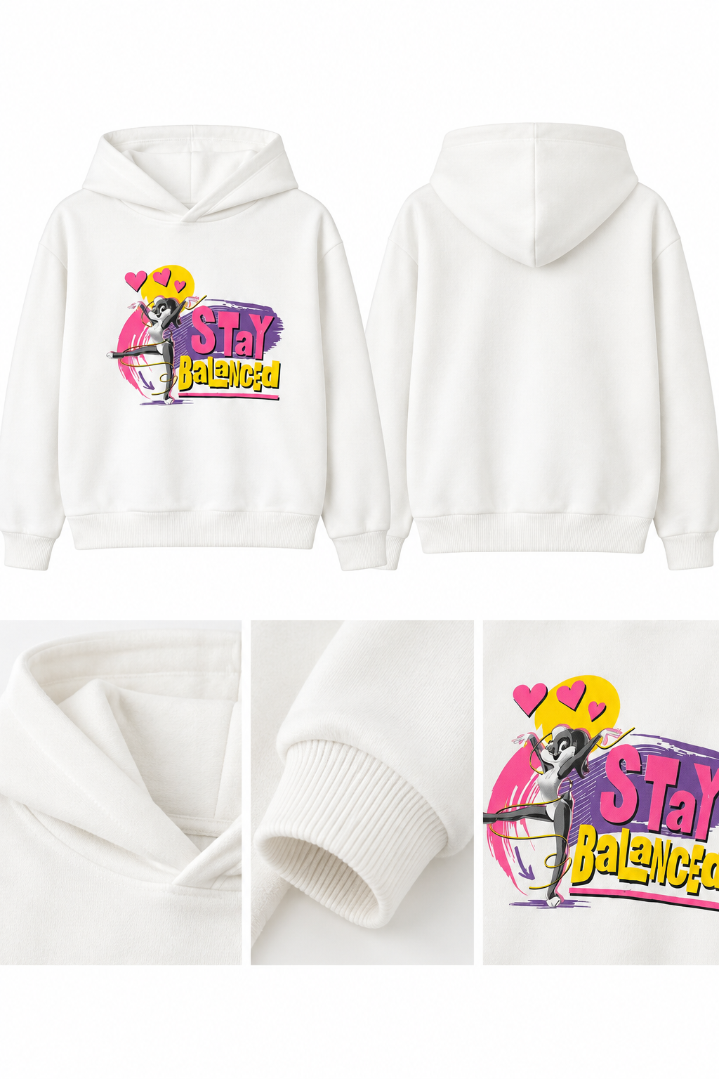 Kız Çocuk Stay Balanced Baskılı Beyaz Kapüşonlu Sweatshirt