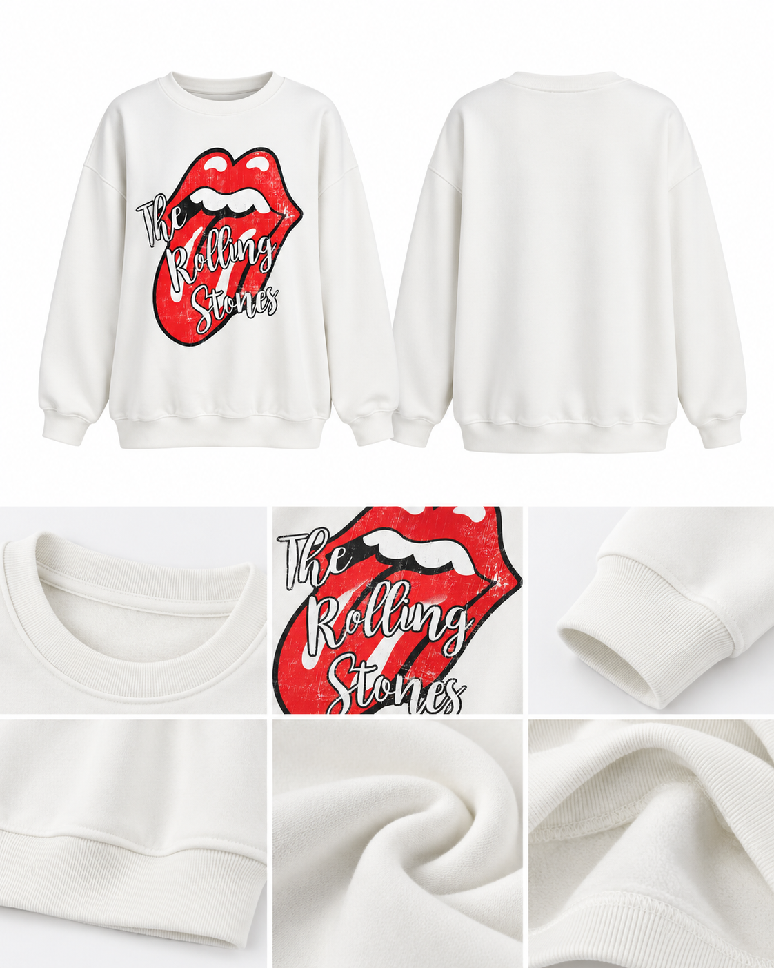 Beyaz Rolling Stones Baskılı Kadın Sweatshirt