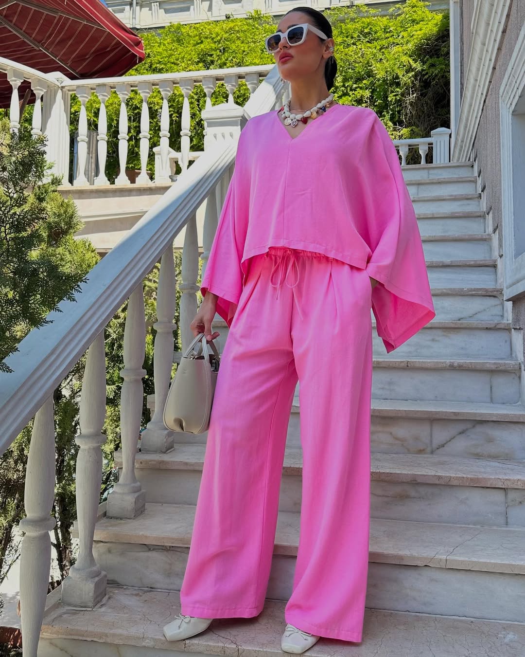Keten Kumaş Pembe Panço Kadın Takım