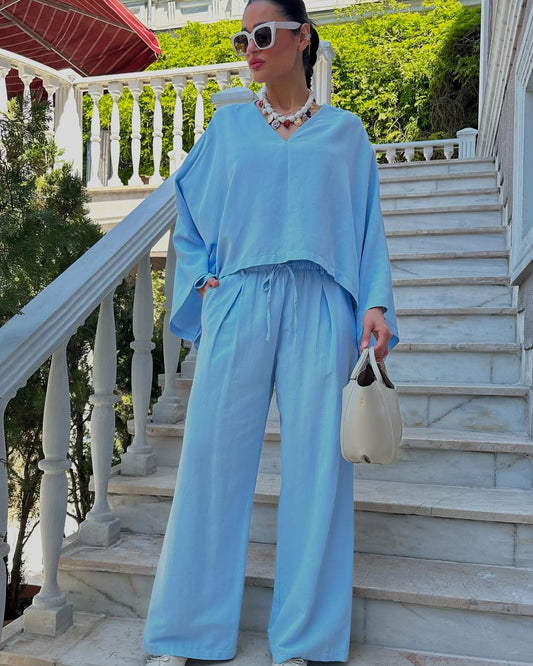 #açıkmavi #keten #takım #panço #kadınmoda #yazlıkstil #şıkkombin #trend #stil #fashion