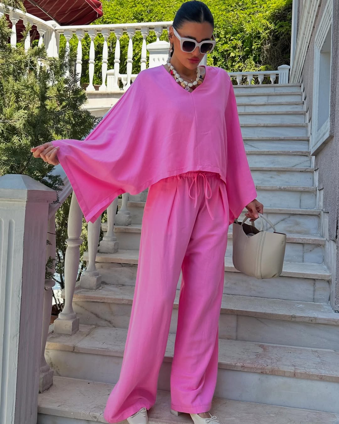 Keten Kumaş Pembe Panço Kadın Takım