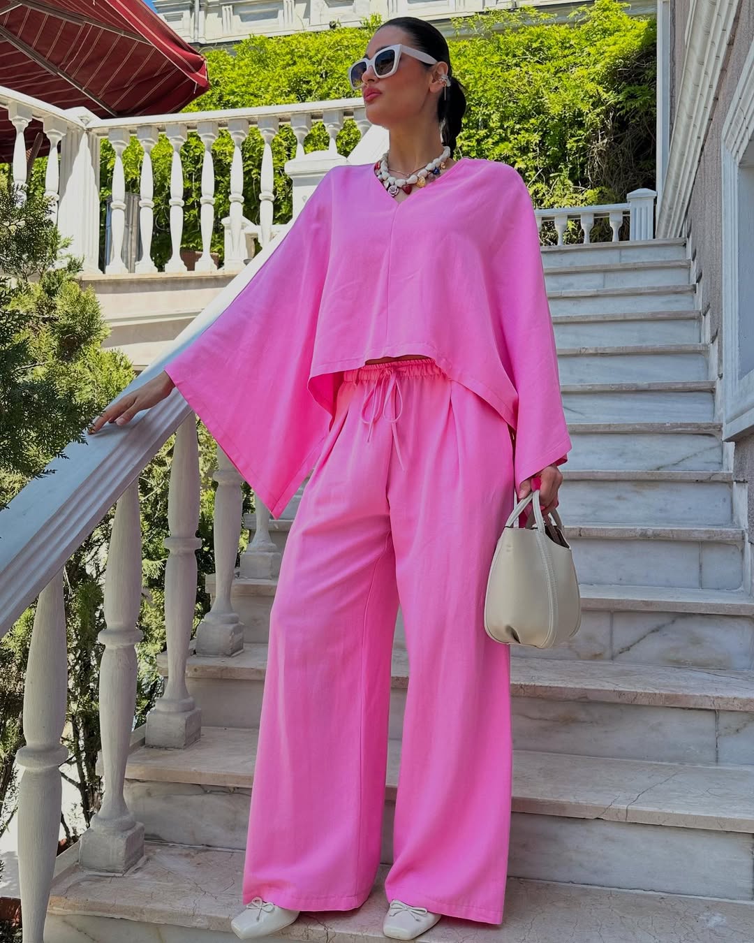 Keten Kumaş Pembe Panço Kadın Takım