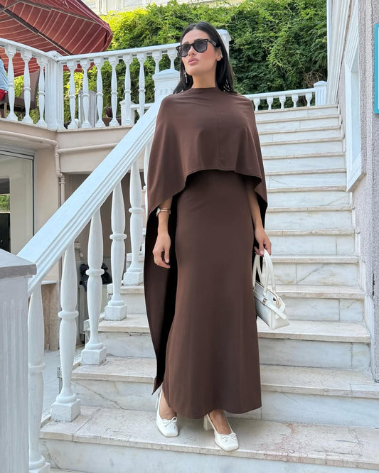Acı Kahve Sırt Pelerin Detaylı Maxi Boy Kadın Elbise