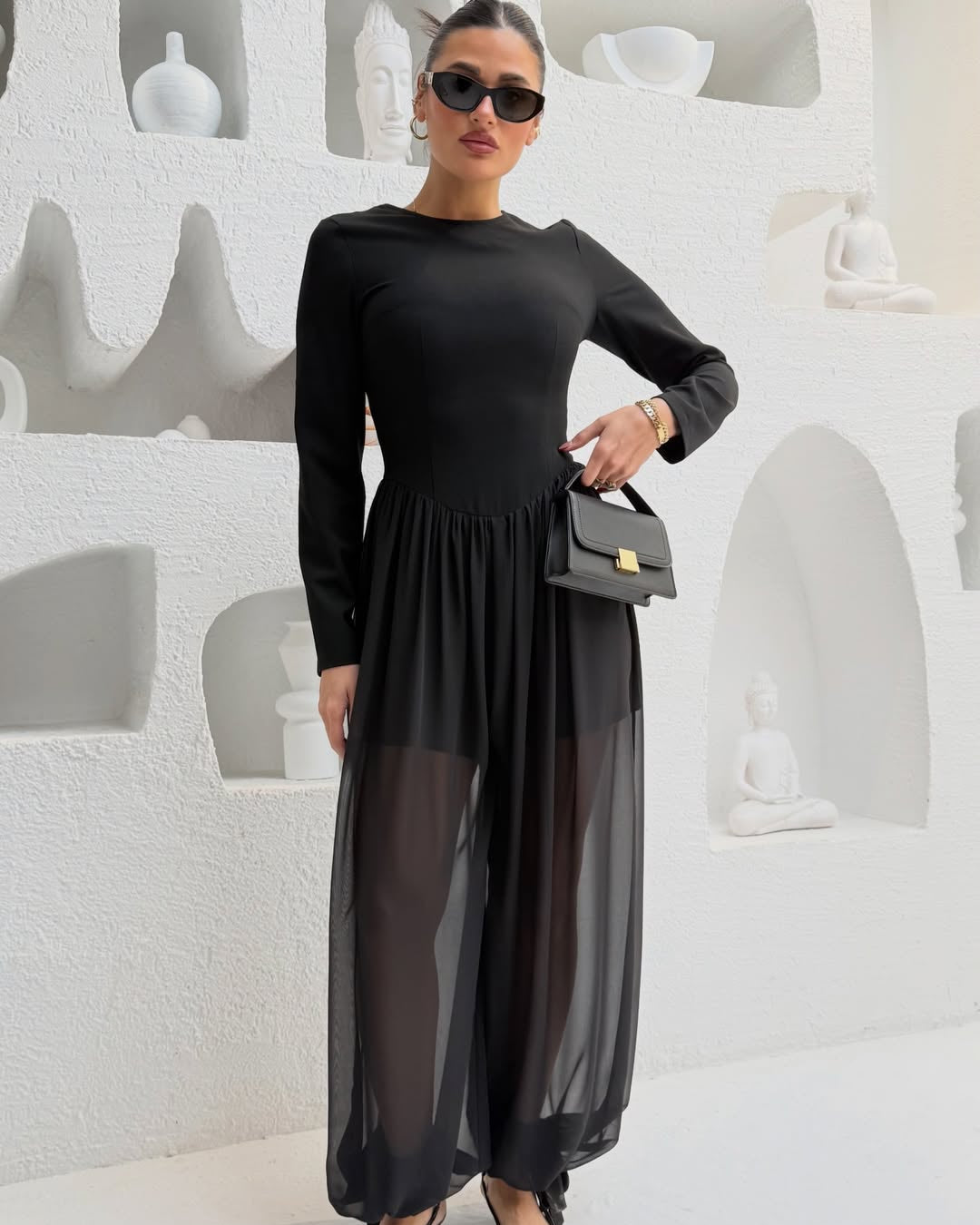 Poli Viskon ve Şifon Kumaş Detaylı Balon Kadın Tulum